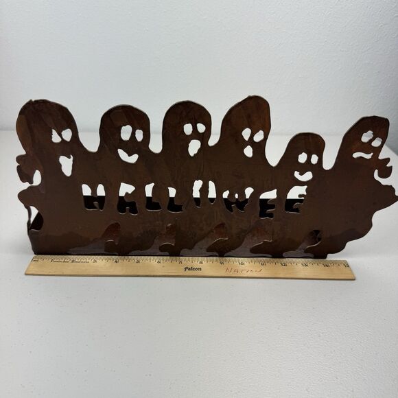 Halloween Tealight Candle Holder Rustic Metal Ghost BOO 14"x10"x3" Cut Out - Picture 5 of 6